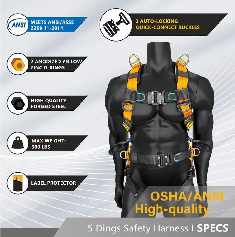 Ymachray Fall Protection Full-Body Safety Harness, Roofing Harness Kit Men Construction Harness,5 Heavy Duty D-rings&Upgrade 4 Quick Buckles(OSHA/ANSI) - Image 4